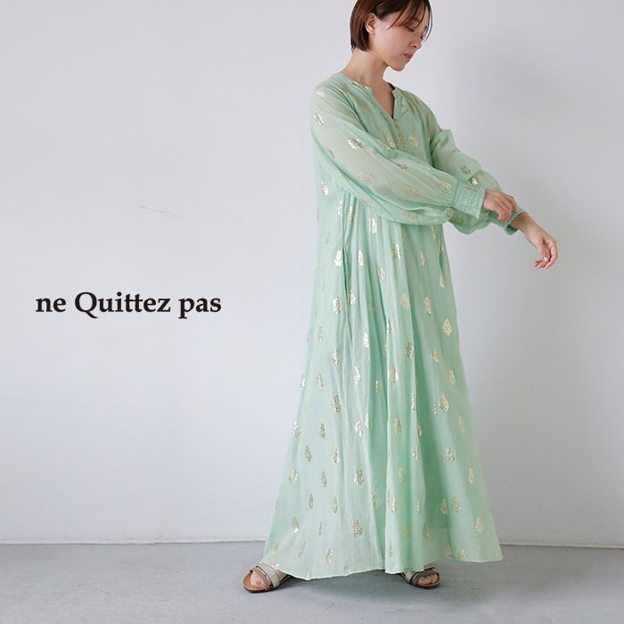 ne Quittez pas(ヌキテパ)コットンボイルフラワー箔プリントスリーブドレスCottonVoileFoilFlowerPrintSleeveDress010400cm2