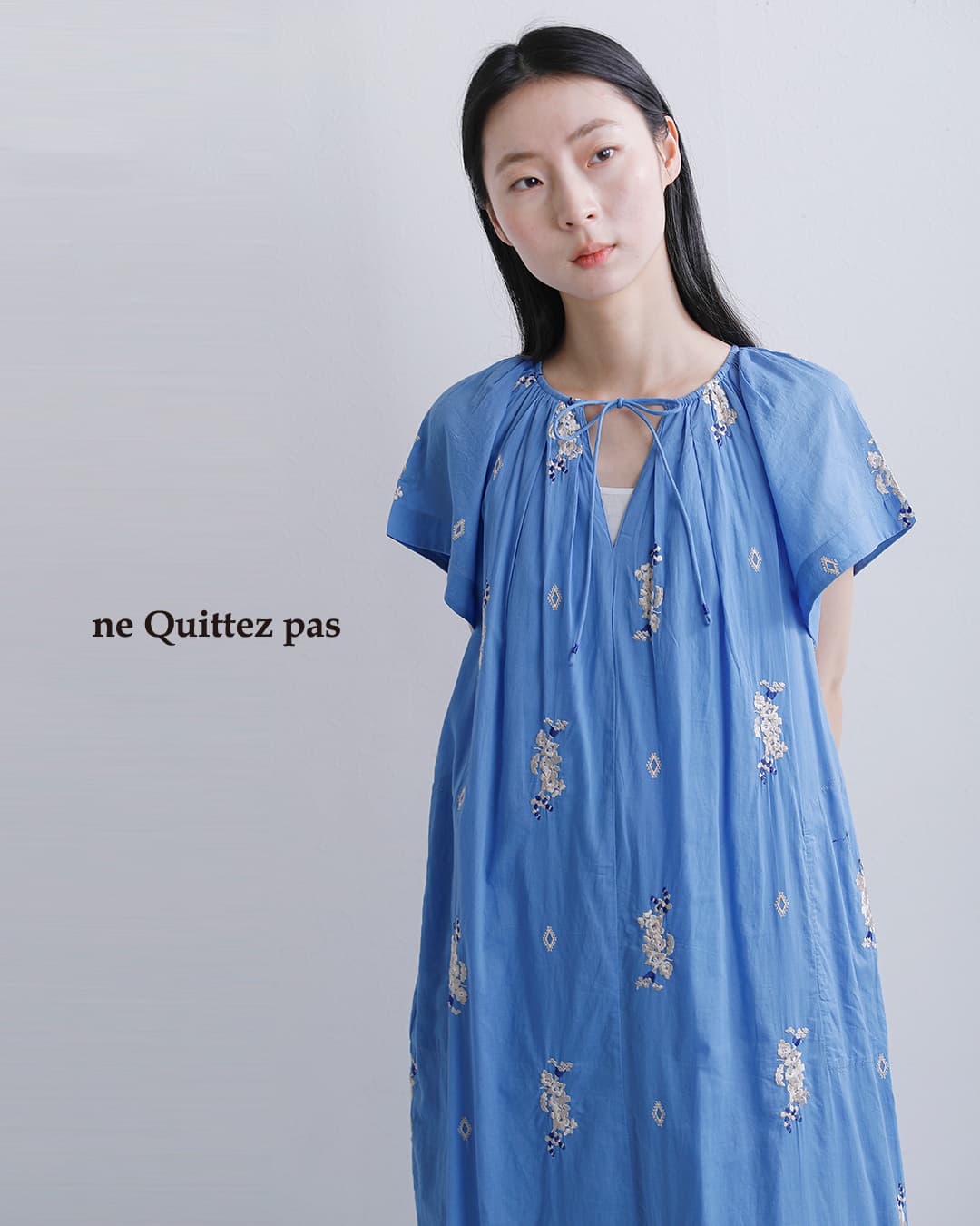 ne Quittez pas(ヌキテパ)コットンボイル ジャスミン刺繍 ショートスリーブ ドレス Cotton Voile Jasmine Embroidery Short Sleeve Dress 010461wt2