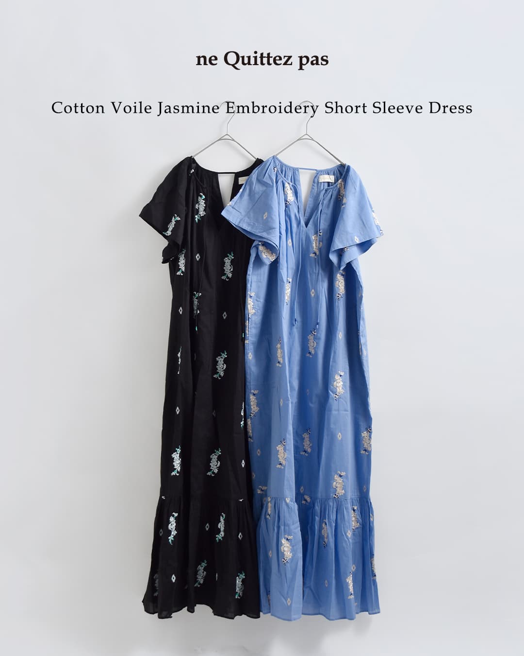 ne Quittez pas(ヌキテパ)コットンボイル ジャスミン刺繍 ショートスリーブ ドレス Cotton Voile Jasmine Embroidery Short Sleeve Dress 010461wt2
