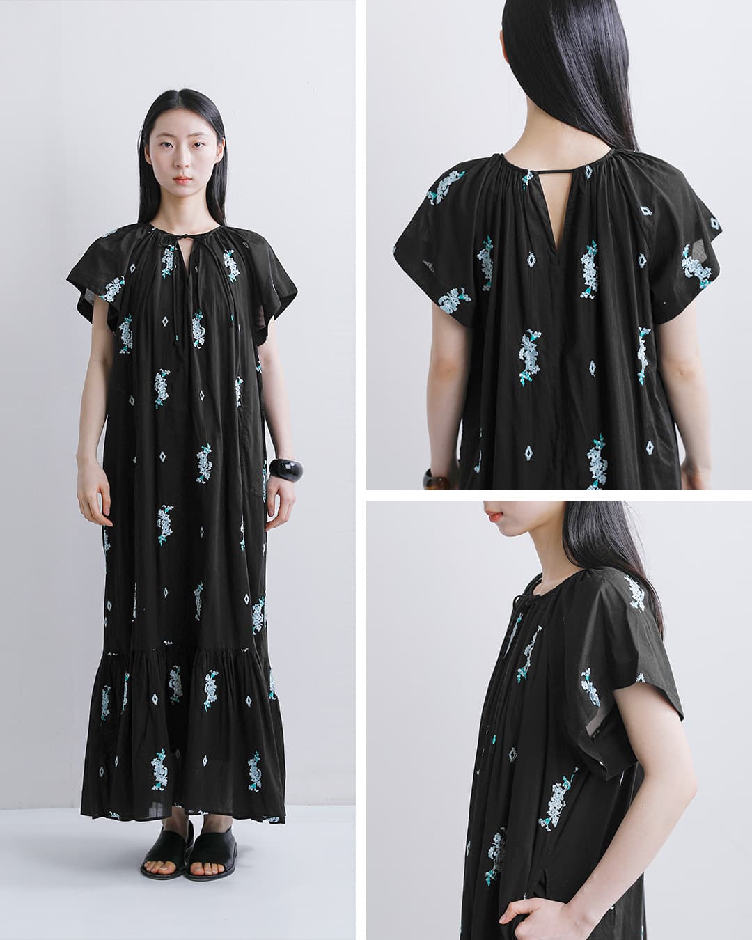 ne Quittez pas(ヌキテパ)コットンボイル ジャスミン刺繍 ショートスリーブ ドレス Cotton Voile Jasmine Embroidery Short Sleeve Dress 010461wt2