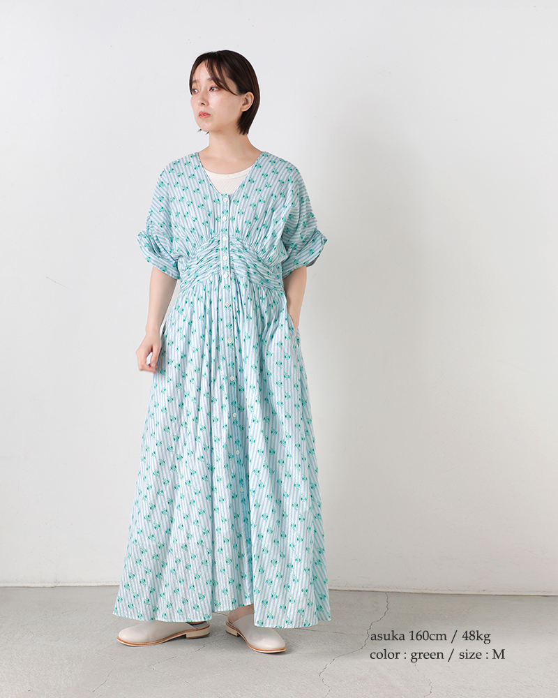 ne Quittez pas(ヌキテパ)コットンジャガードストライプスモールフラワープリントウエストギャザードレスCottonJacquardStripeSmallFlowerPrintWaistGatherDress010461wx1