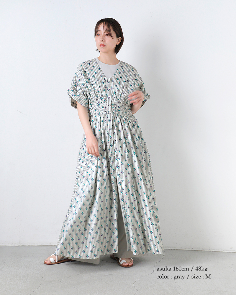 ne Quittez pas(ヌキテパ)コットンジャガードストライプスモールフラワープリントウエストギャザードレスCottonJacquardStripeSmallFlowerPrintWaistGatherDress010461wx1