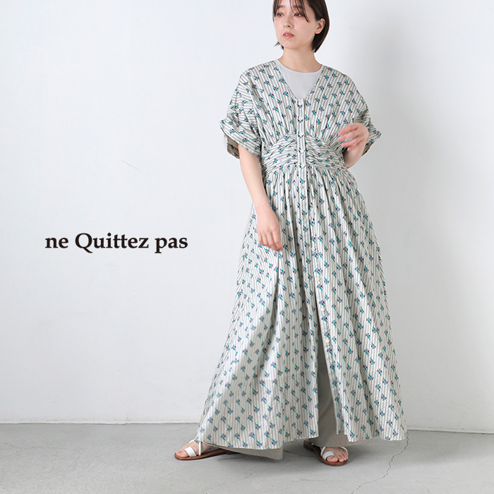 ne Quittez pas(ヌキテパ)コットンジャガードストライプスモールフラワープリントウエストギャザードレスCottonJacquardStripeSmallFlowerPrintWaistGatherDress010461wx1