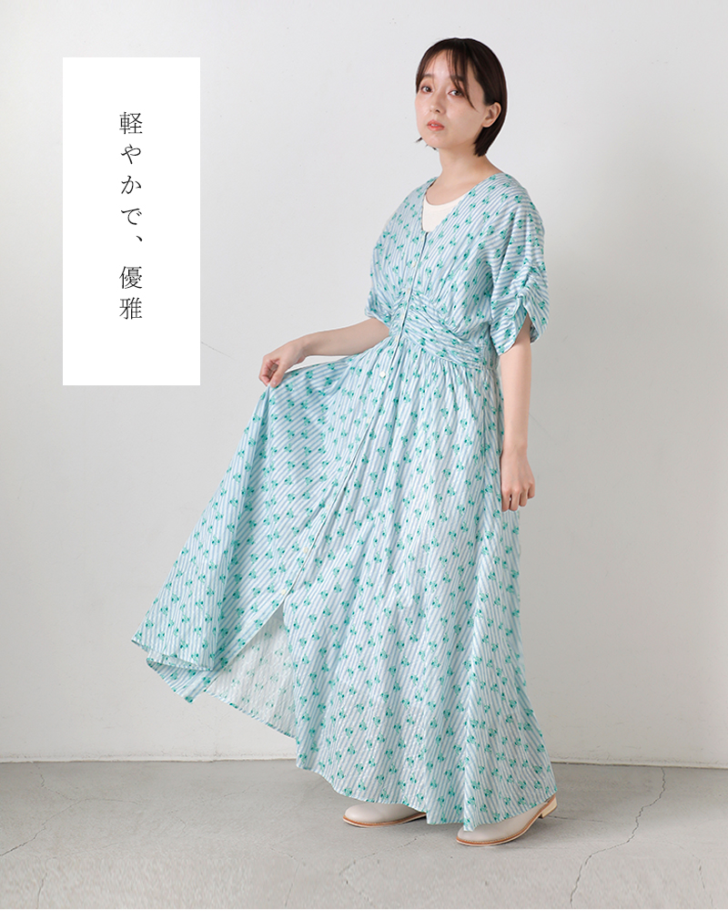 ne Quittez pas(ヌキテパ)コットンジャガードストライプスモールフラワープリントウエストギャザードレスCottonJacquardStripeSmallFlowerPrintWaistGatherDress010461wx1