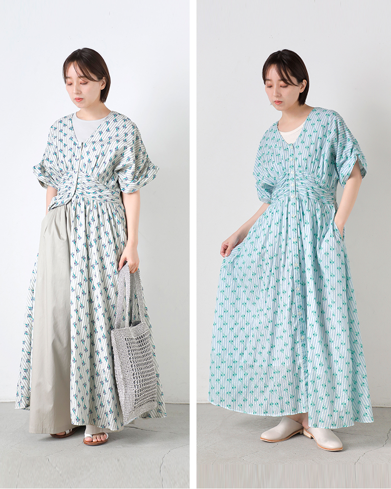 ne Quittez pas(ヌキテパ)コットンジャガードストライプスモールフラワープリントウエストギャザードレスCottonJacquardStripeSmallFlowerPrintWaistGatherDress010461wx1