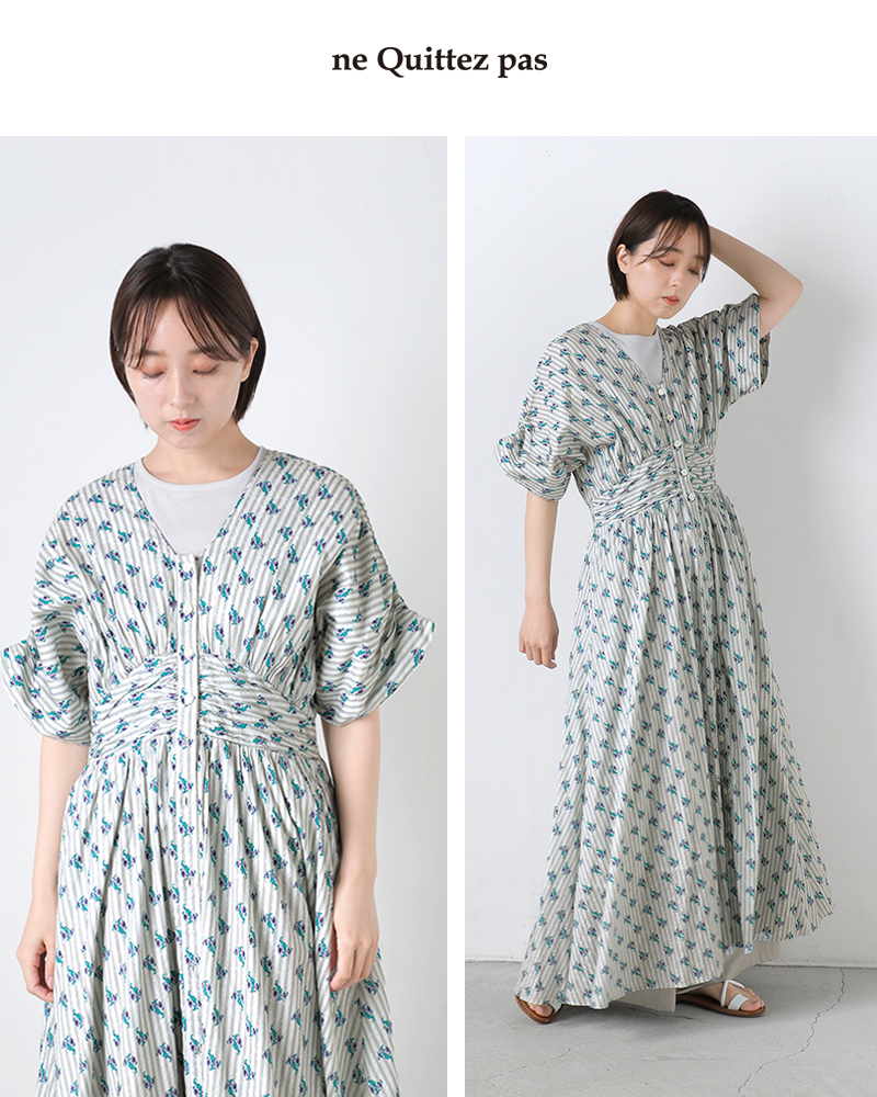 ne Quittez pas(ヌキテパ)コットンジャガードストライプスモールフラワープリントウエストギャザードレスCottonJacquardStripeSmallFlowerPrintWaistGatherDress010461wx1
