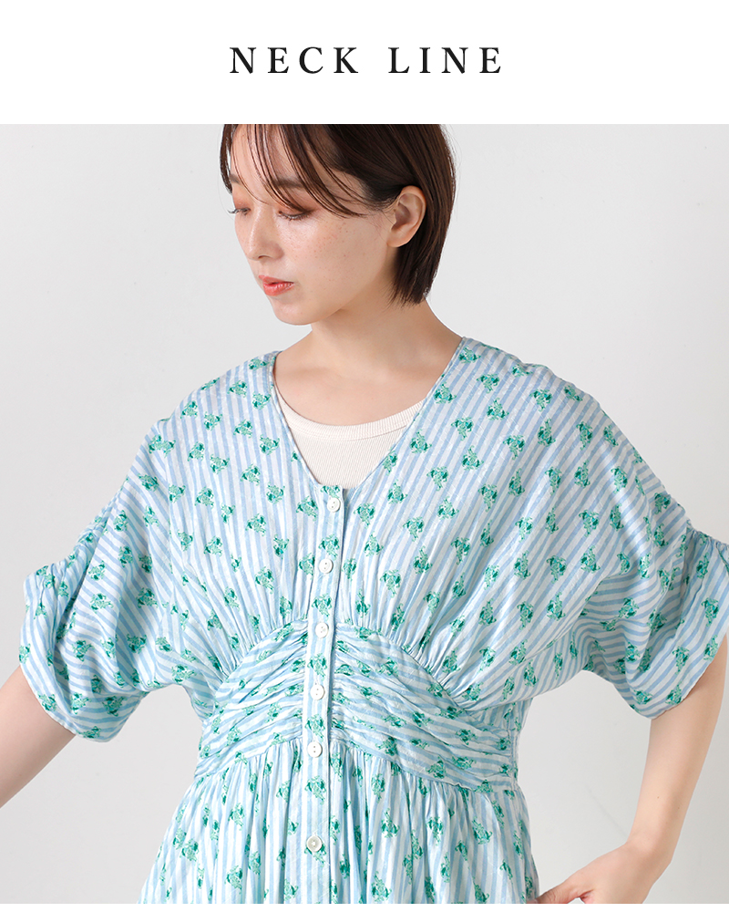 ne Quittez pas(ヌキテパ)コットンジャガードストライプスモールフラワープリントウエストギャザードレスCottonJacquardStripeSmallFlowerPrintWaistGatherDress010461wx1