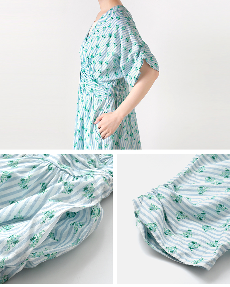 ne Quittez pas(ヌキテパ)コットンジャガードストライプスモールフラワープリントウエストギャザードレスCottonJacquardStripeSmallFlowerPrintWaistGatherDress010461wx1