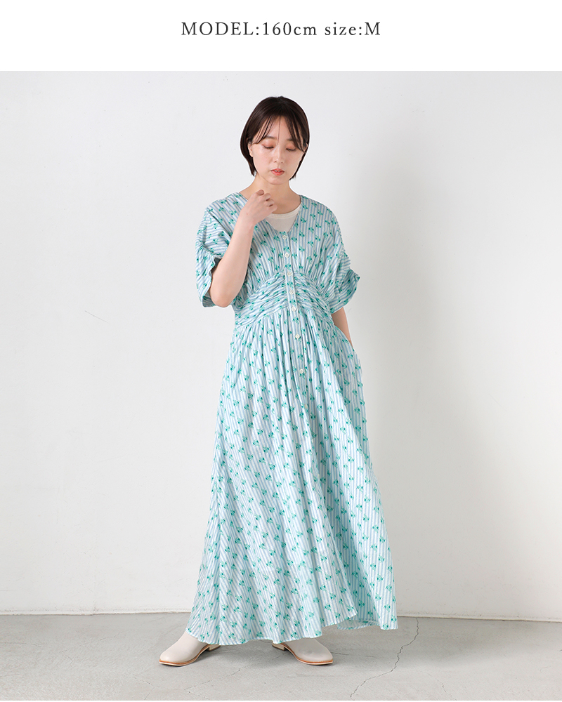 ne Quittez pas(ヌキテパ)コットンジャガードストライプスモールフラワープリントウエストギャザードレスCottonJacquardStripeSmallFlowerPrintWaistGatherDress010461wx1