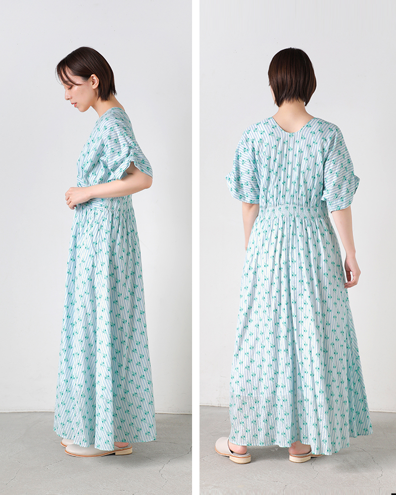 ne Quittez pas(ヌキテパ)コットンジャガードストライプスモールフラワープリントウエストギャザードレスCottonJacquardStripeSmallFlowerPrintWaistGatherDress010461wx1