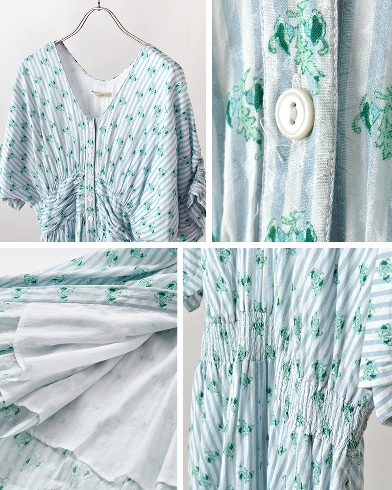 ne Quittez pas(ヌキテパ)コットンジャガードストライプスモールフラワープリントウエストギャザードレスCottonJacquardStripeSmallFlowerPrintWaistGatherDress010461wx1