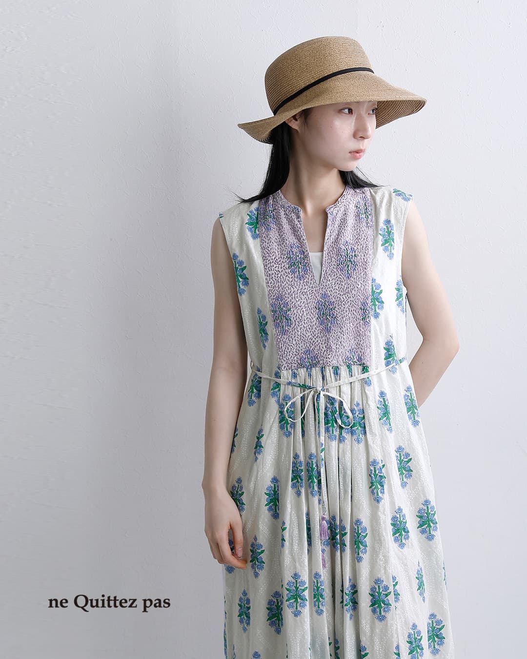 ne Quittez pasコットンジャガード イベリスプリント 刺繍 スリーブレス ドレス Cotton Jacquard Iberis print Embroidery Sleeveless Dress 010561wa3