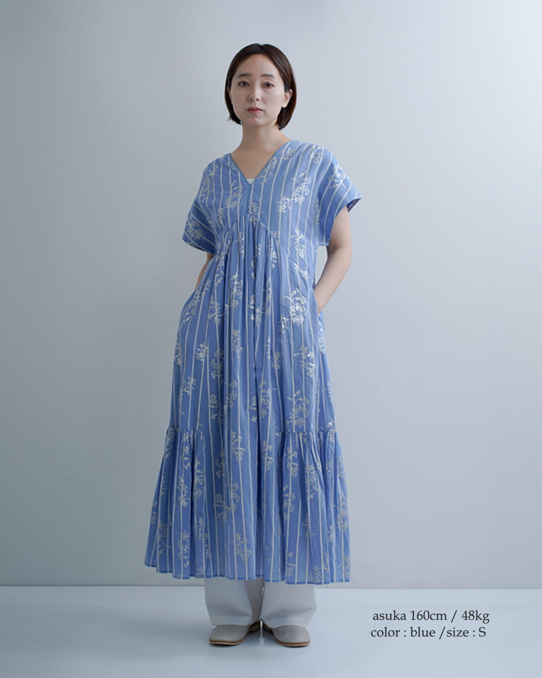 ne Quittez pasコットンボイル ストライプ アネモネ箔プリント フレンチスリーブ ドレス Cotton Voile Stripe Anemone Foil Print French Sleeve Dress 010561ws2
