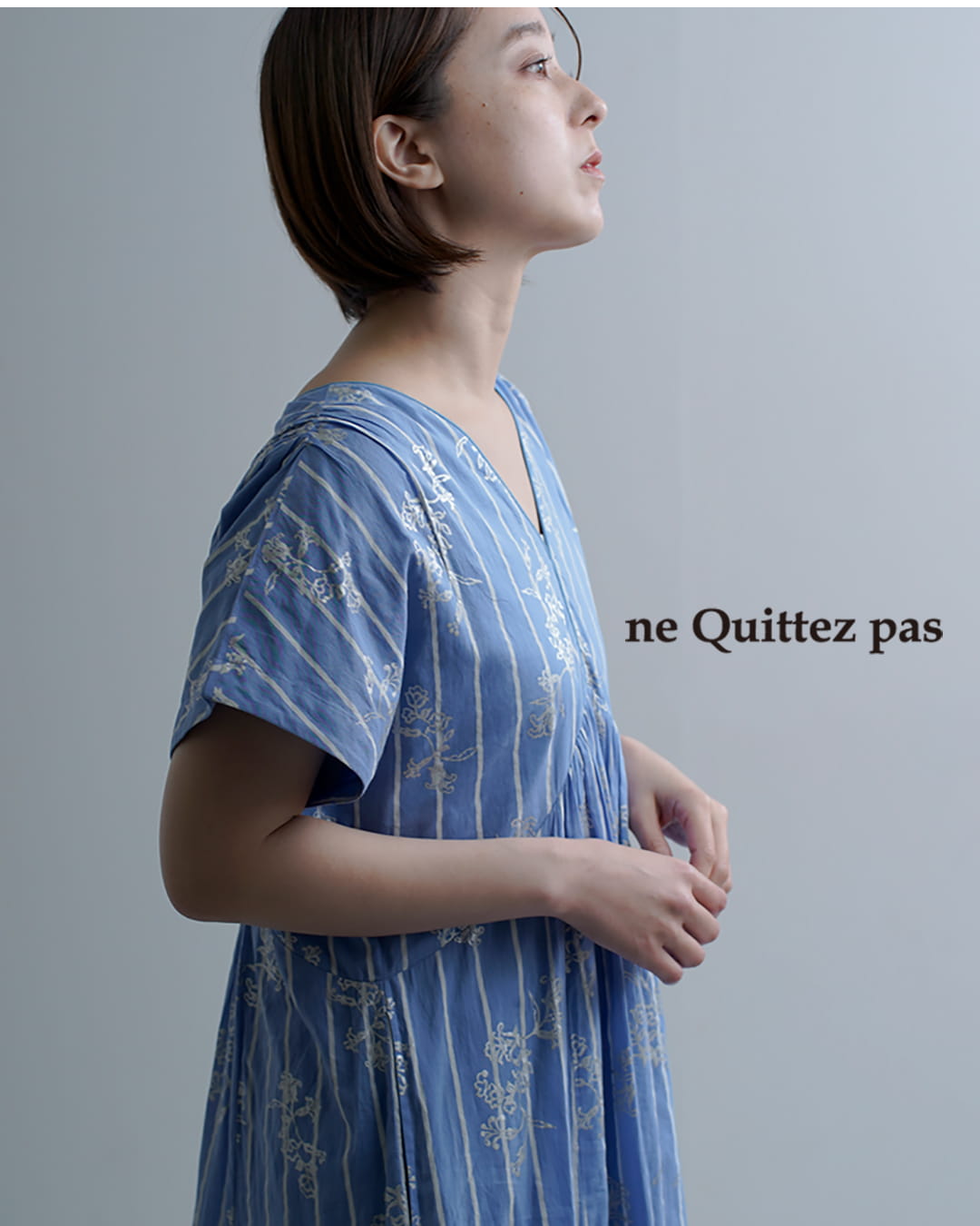 ne Quittez pasコットンボイル ストライプ アネモネ箔プリント フレンチスリーブ ドレス Cotton Voile Stripe Anemone Foil Print French Sleeve Dress 010561ws2