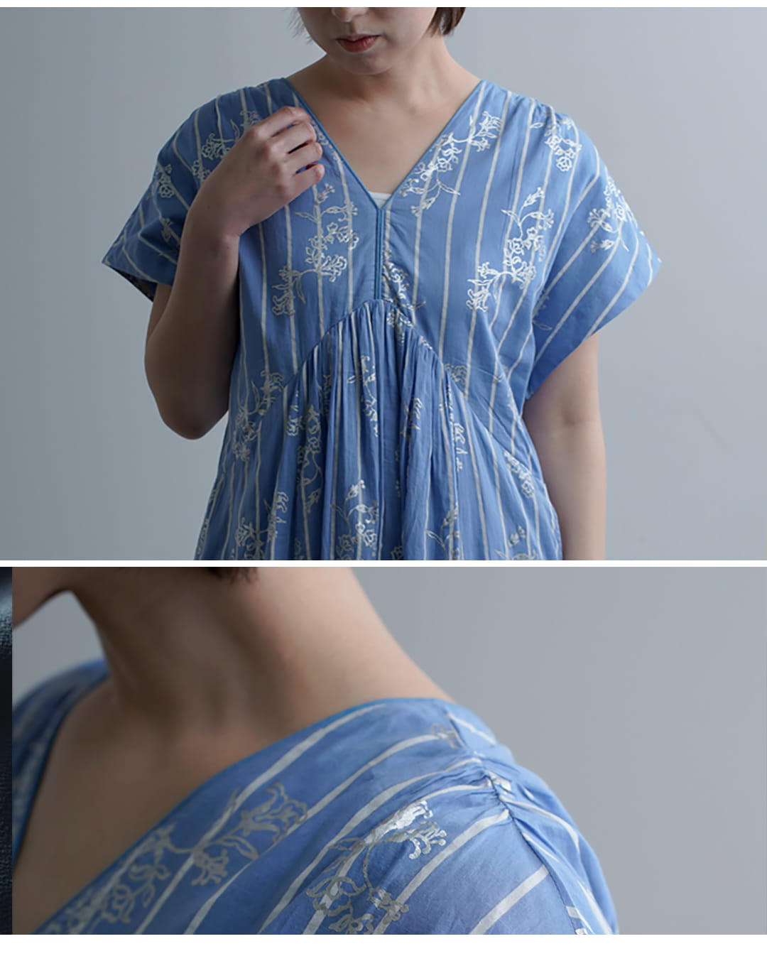 ne Quittez pasコットンボイル ストライプ アネモネ箔プリント フレンチスリーブ ドレス Cotton Voile Stripe Anemone Foil Print French Sleeve Dress 010561ws2