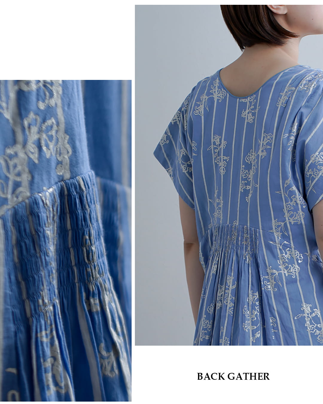 ne Quittez pasコットンボイル ストライプ アネモネ箔プリント フレンチスリーブ ドレス Cotton Voile Stripe Anemone Foil Print French Sleeve Dress 010561ws2