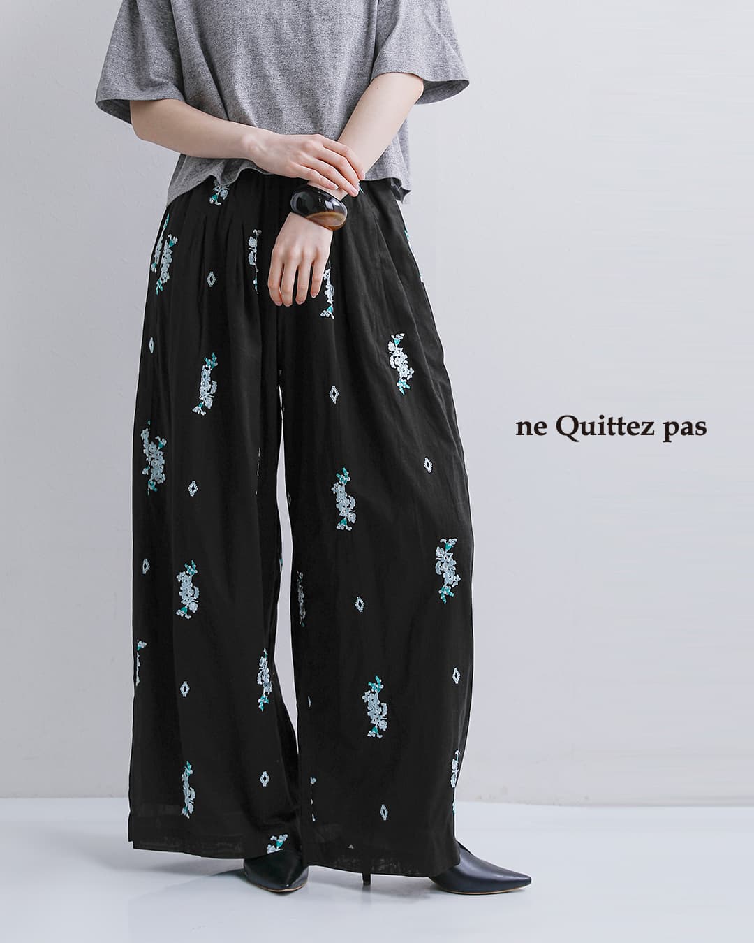 ne Quittez pas(ヌキテパ)コットンボイル ジャスミン刺繍 ギャザー パンツ Cotton Voile Jasmine Embroidery Gather Pants 010661wt3