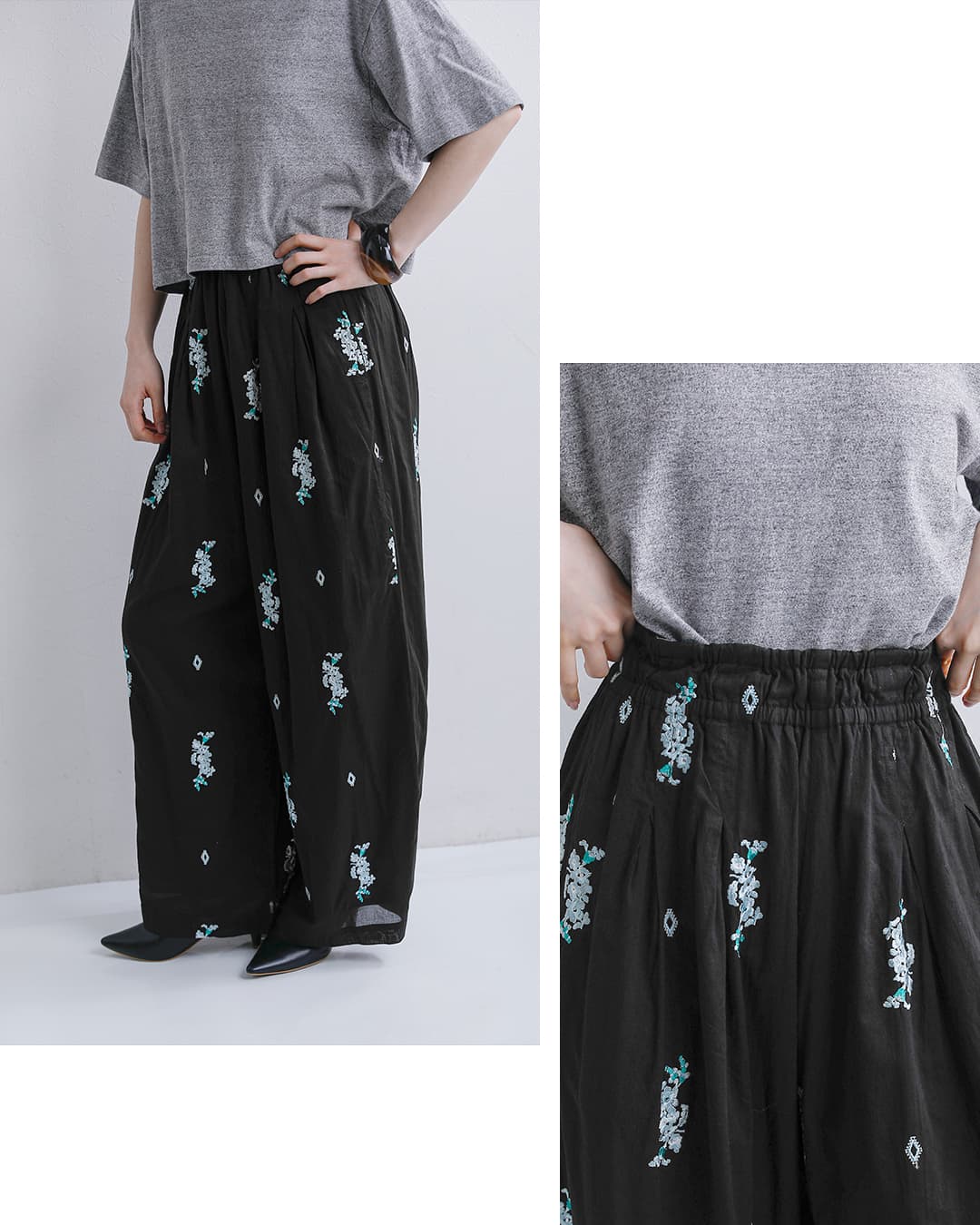 ne Quittez pas(ヌキテパ)コットンボイル ジャスミン刺繍 ギャザー パンツ Cotton Voile Jasmine Embroidery Gather Pants 010661wt3