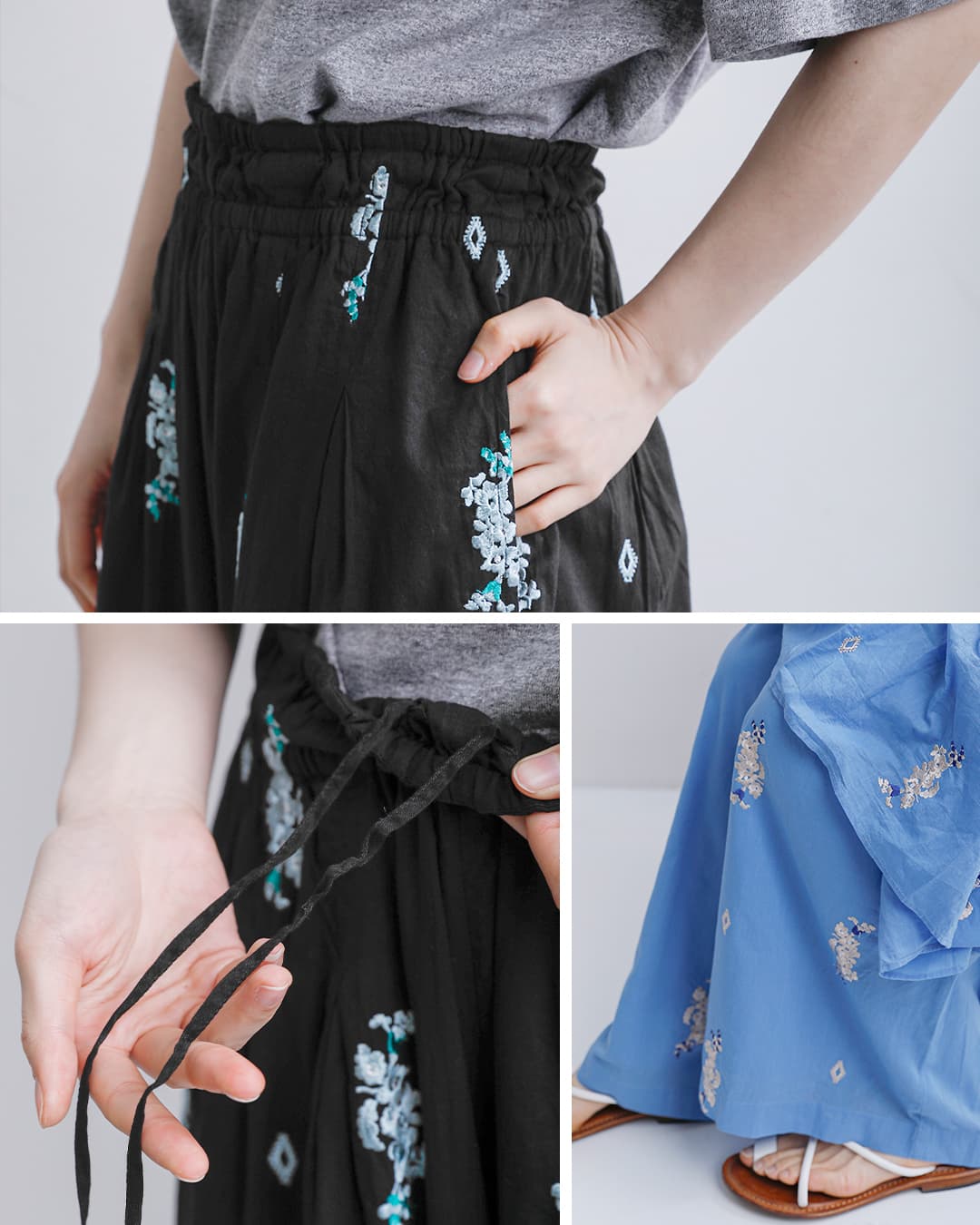 ne Quittez pas(ヌキテパ)コットンボイル ジャスミン刺繍 ギャザー パンツ Cotton Voile Jasmine Embroidery Gather Pants 010661wt3
