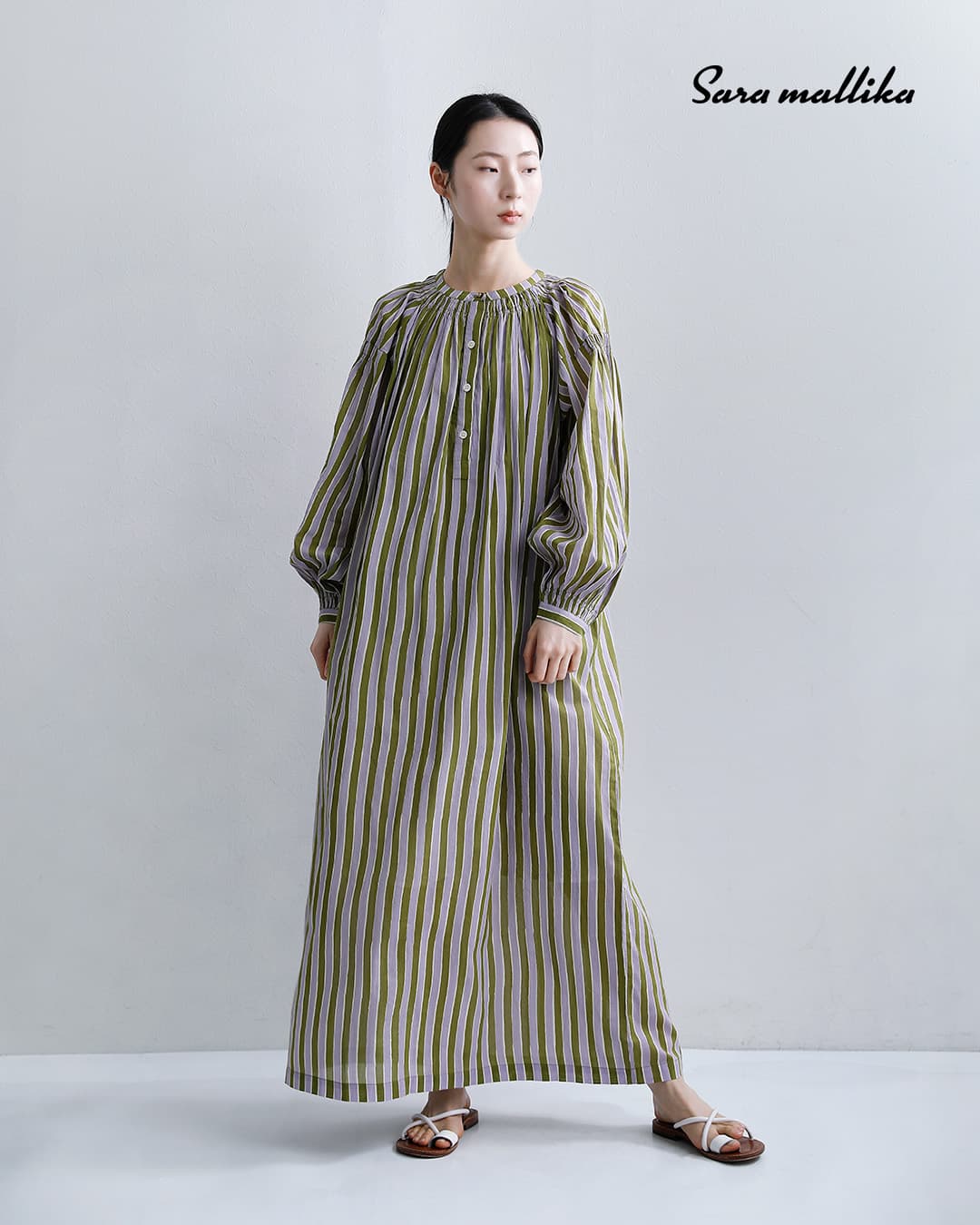 Sara Mallikaコットン ウェーブストライプ プリント カフタン ワンピース 020461sf1