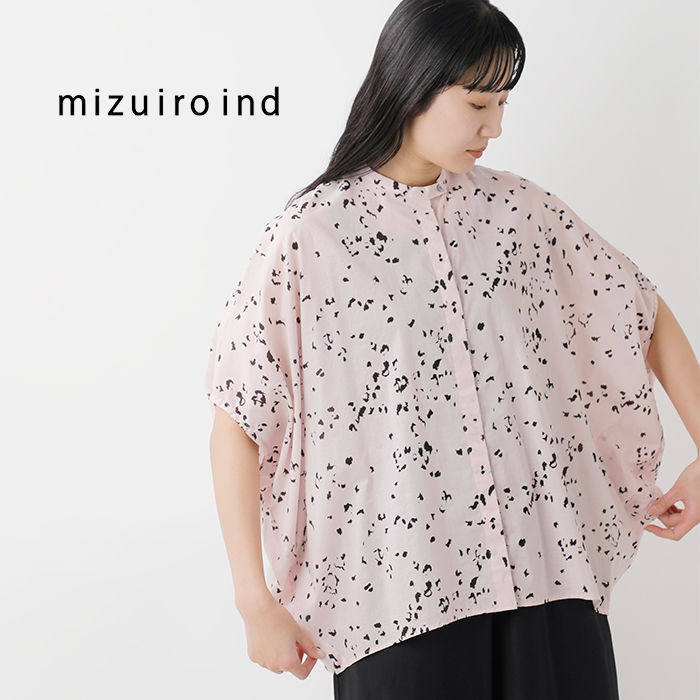 mizuiro ind(ミズイロインド)コットンプリントスタンドカラーコクーンシャツ1-230133