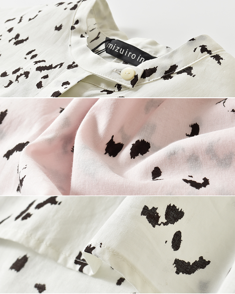 mizuiro ind(ミズイロインド)コットンプリントスタンドカラーコクーンシャツ1-230133