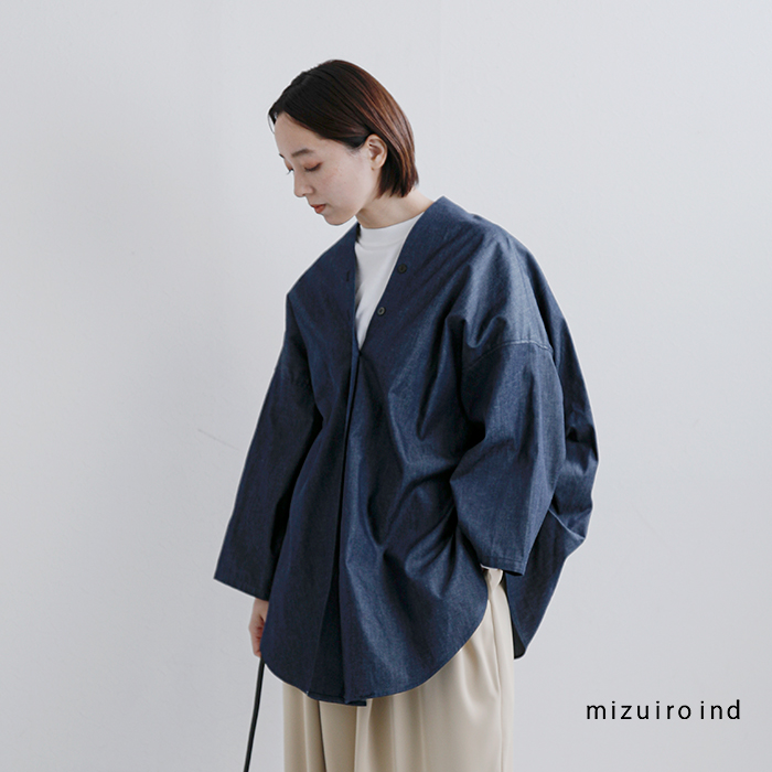 mizuiro ind(ミズイロインド)コットンVネックデニムシャツ1-230156