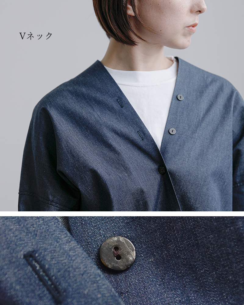 mizuiro ind(ミズイロインド)コットンVネックデニムシャツ1-230156