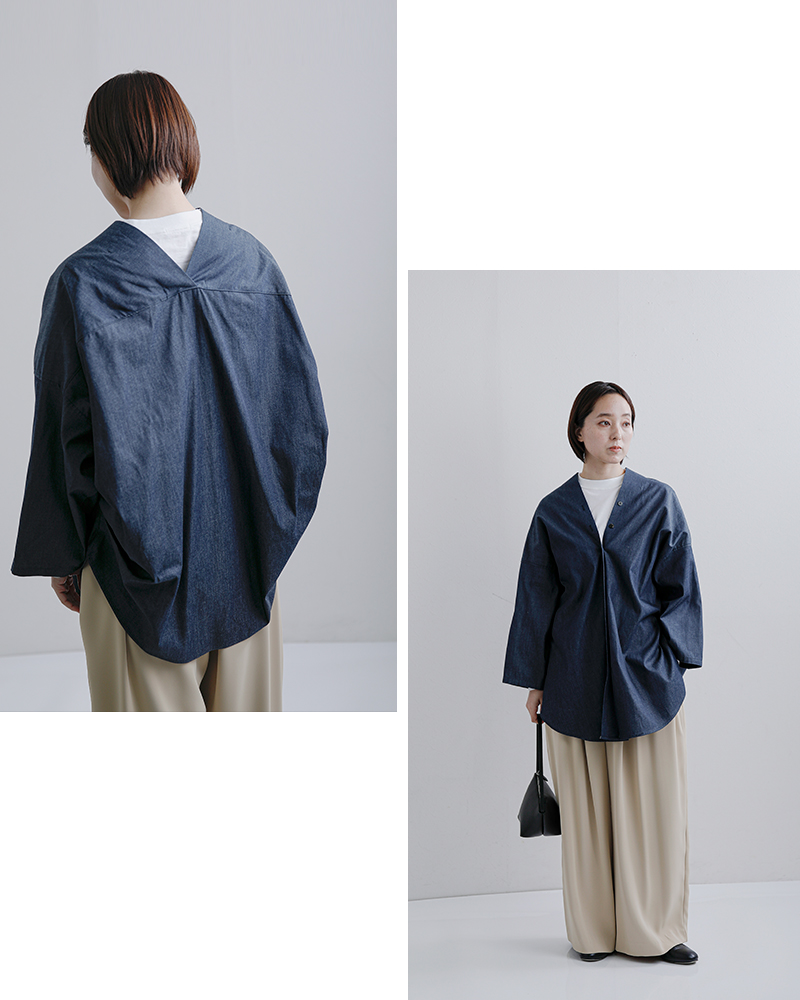 mizuiro ind(ミズイロインド)コットンVネックデニムシャツ1-230156