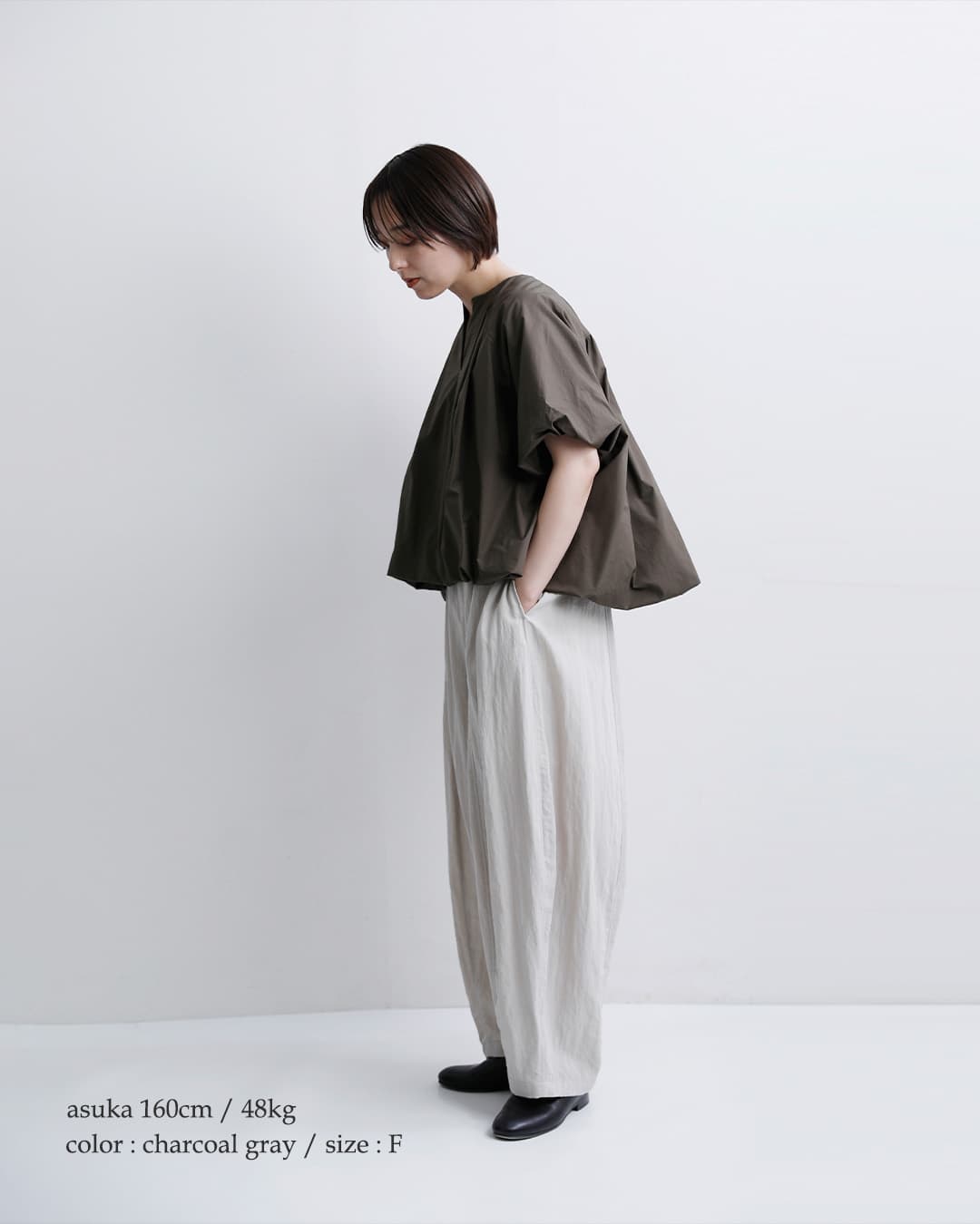 mizuiro ind(ミズイロインド)コットン バルーン ノーカラー シャツ 1-230163