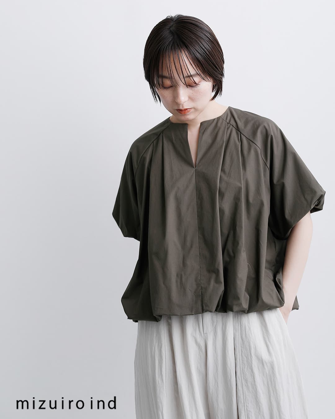 mizuiro ind(ミズイロインド)コットン バルーン ノーカラー シャツ 1-230163