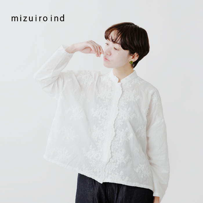 mizuiro ind(ミズイロインド)コットンレーススタンドカラーワイドシャツ1-239005