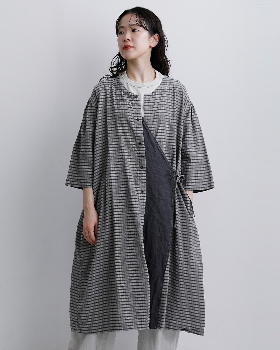 Vlas Blomme(ヴラスブラム)ヴィンテージチェックストライプ 2way 前開きドレス ワンピース 13204036