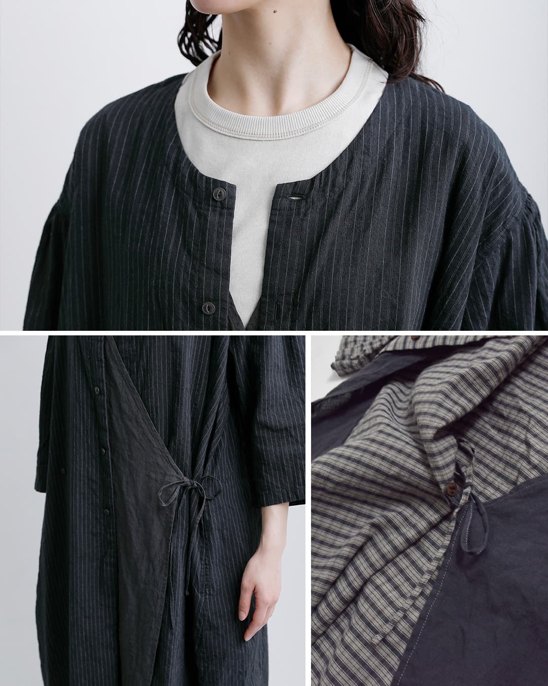 Vlas Blomme(ヴラスブラム)ヴィンテージチェックストライプ 2way 前開きドレス ワンピース 13204036