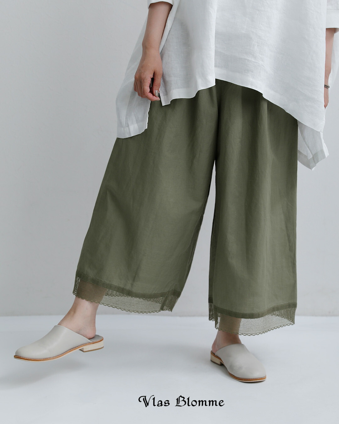 Vlas Blommeコットンラミーローン レース付き レイヤードパンツ 13518066
