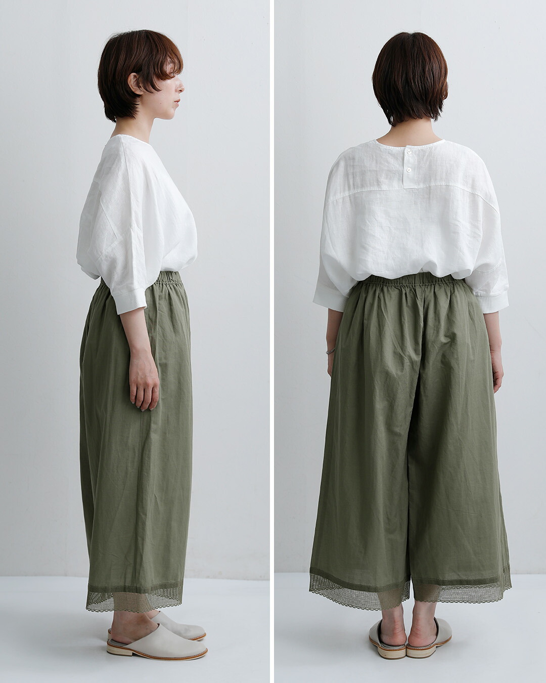 Vlas Blommeコットンラミーローン レース付き レイヤードパンツ 13518066