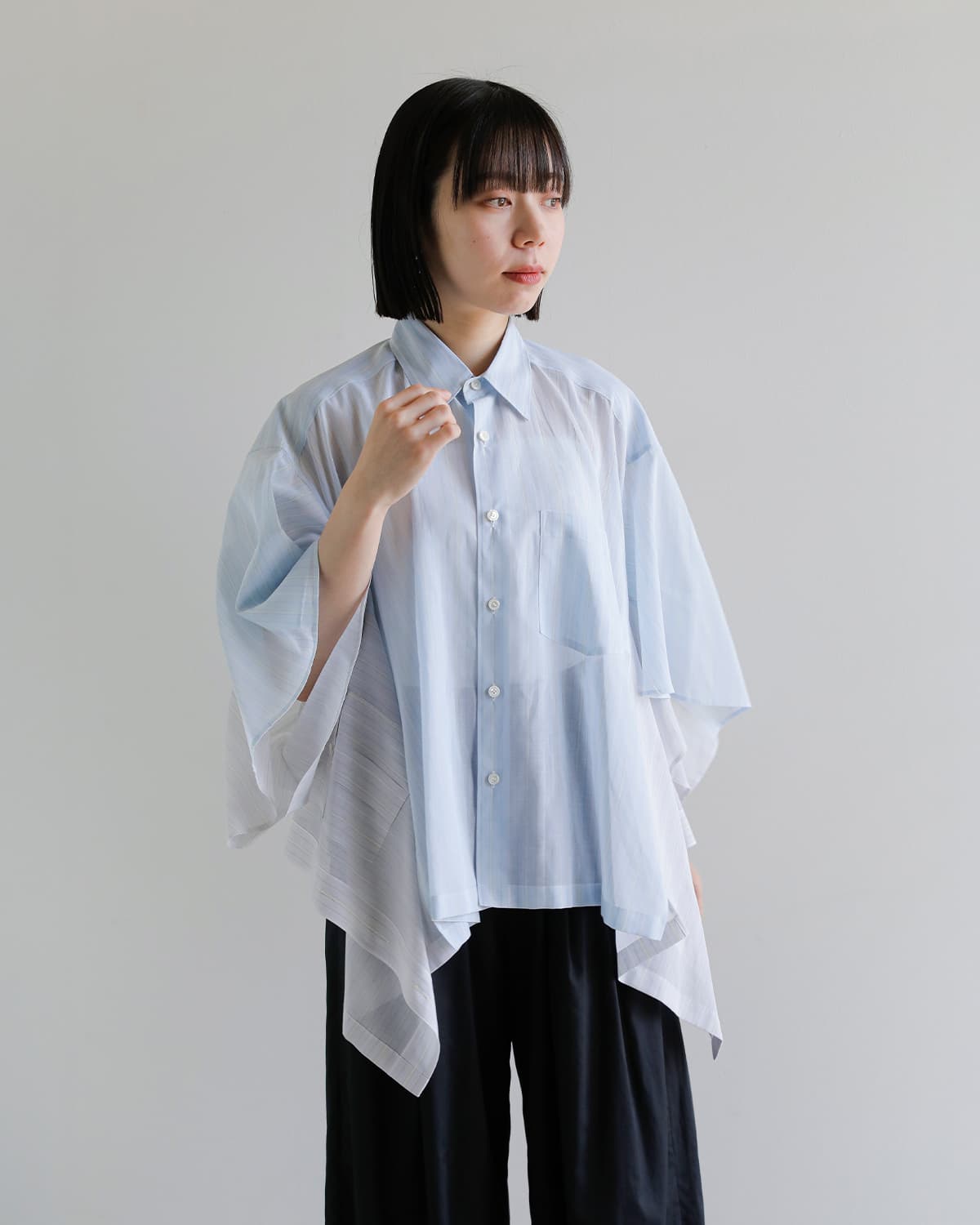 beautiful people(ビューティフルピープル)Finxシアーコットンストライプ 2way 半袖シャツ double-end finxsheer cotton stripe shirt 1616106002