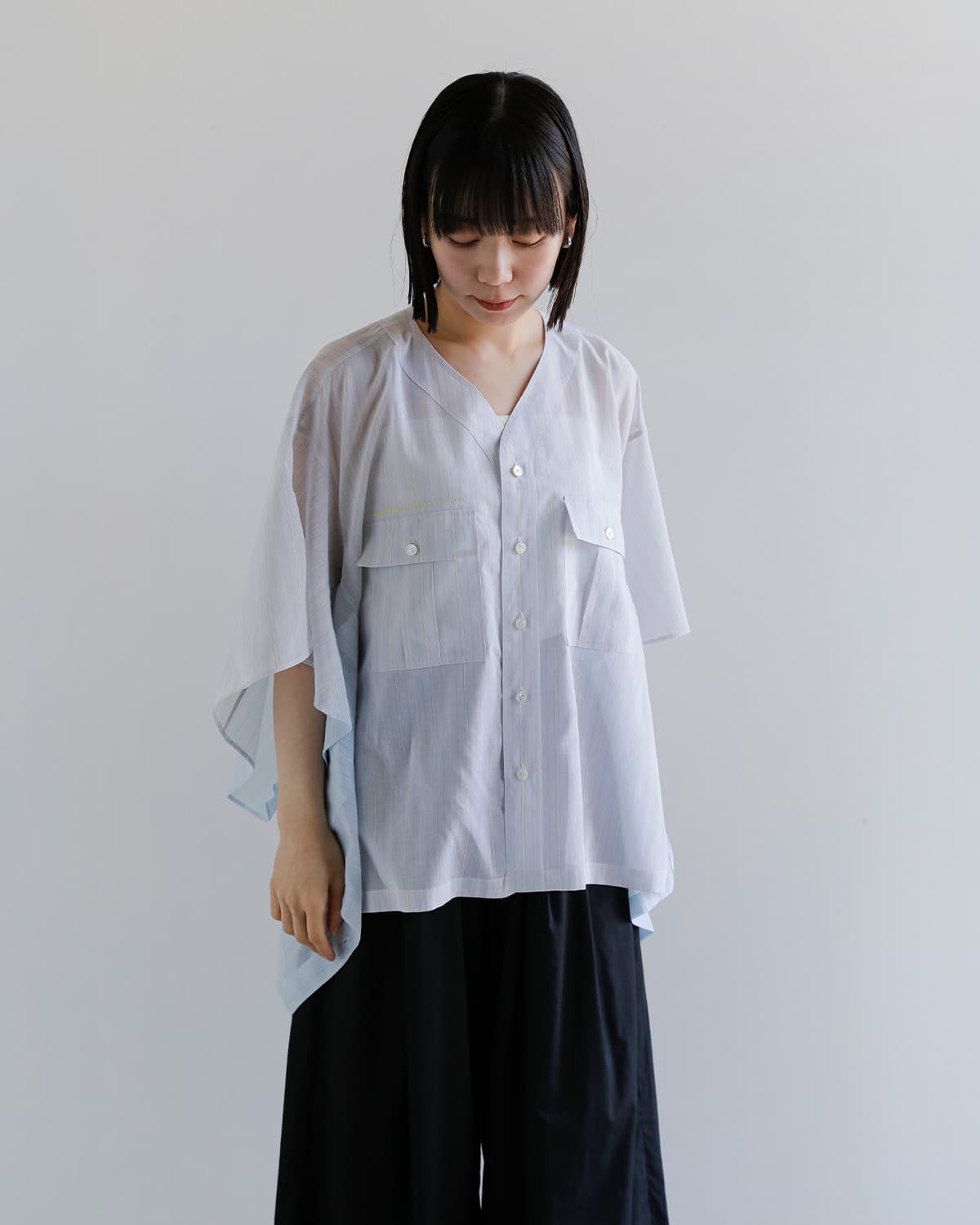beautiful people(ビューティフルピープル)Finxシアーコットンストライプ 2way 半袖シャツ double-end finxsheer cotton stripe shirt 1616106002