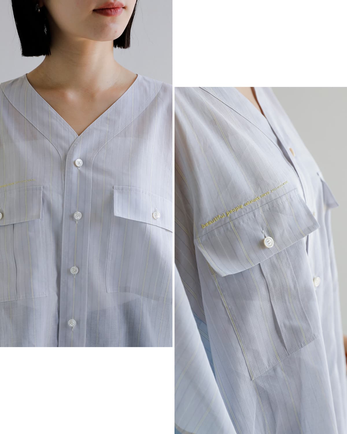 beautiful people(ビューティフルピープル)Finxシアーコットンストライプ 2way 半袖シャツ double-end finxsheer cotton stripe shirt 1616106002