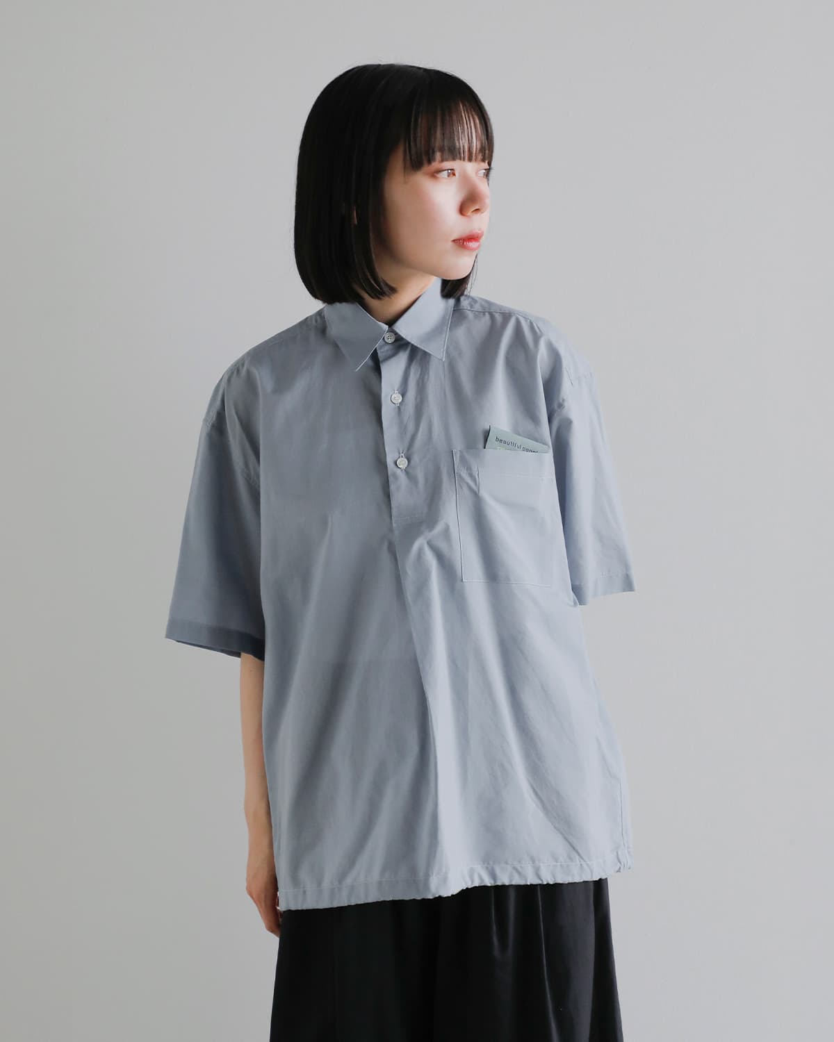 beautiful people(ビューティフルピープル)コットンシルクシャンブレー ワイドスリーブ半袖シャツ endonend cotton silk big QOL tag shirts 1616110016