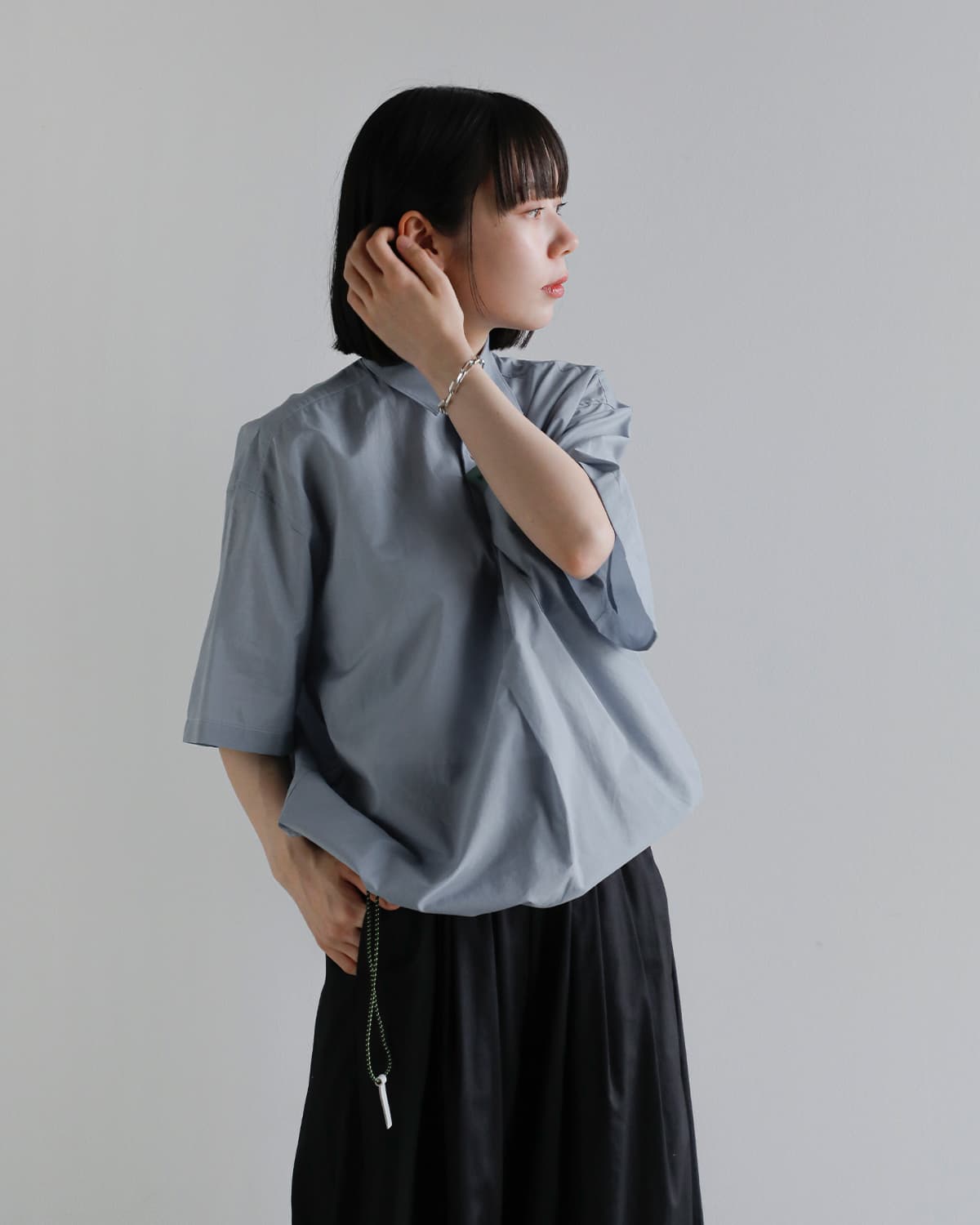 beautiful people(ビューティフルピープル)コットンシルクシャンブレー ワイドスリーブ半袖シャツ endonend cotton silk big QOL tag shirts 1616110016
