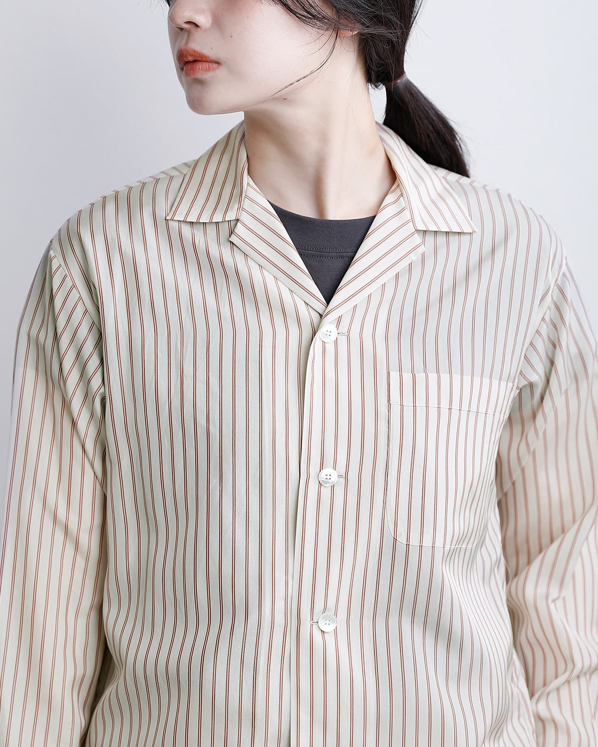 YLEVEストライプ パジャマシャツ ACETATE CUPRA STRIPE PAJAMA SH 168-6150036