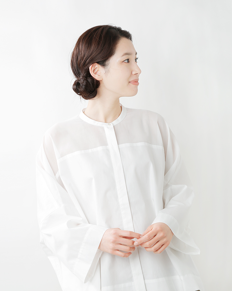 mizuiro-ind(ミズイロインド)コットン布帛スタンドカラーシアーシャツ2-230088