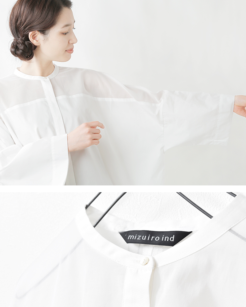 mizuiro-ind(ミズイロインド)コットン布帛スタンドカラーシアーシャツ2-230088