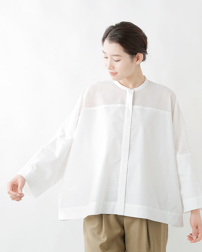 mizuiro-ind(ミズイロインド)コットン布帛スタンドカラーシアーシャツ2-230088