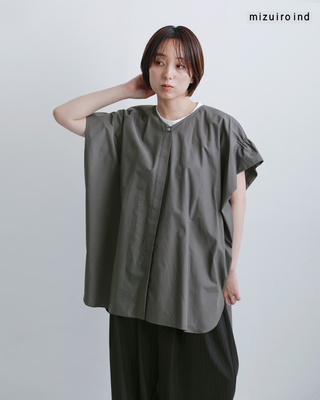 mizuiro ind(ミズイロインド)コットン Vネック ワイド チュニック シャツ 2-230118