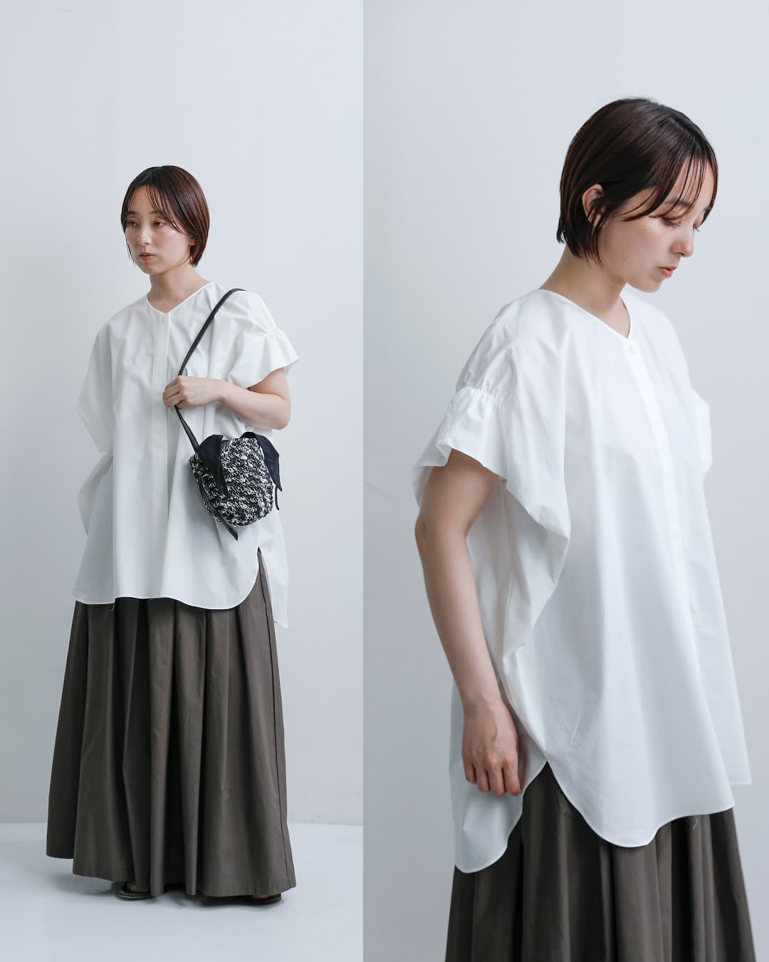 mizuiro ind(ミズイロインド)コットン Vネック ワイド チュニック シャツ 2-230118