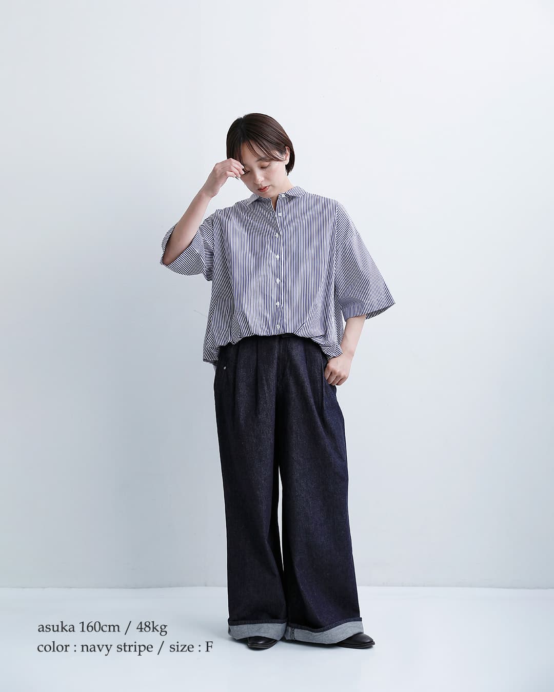mizuiro indコットン ストライプ ハーフスリーブ バルーン シャツ 2-230129