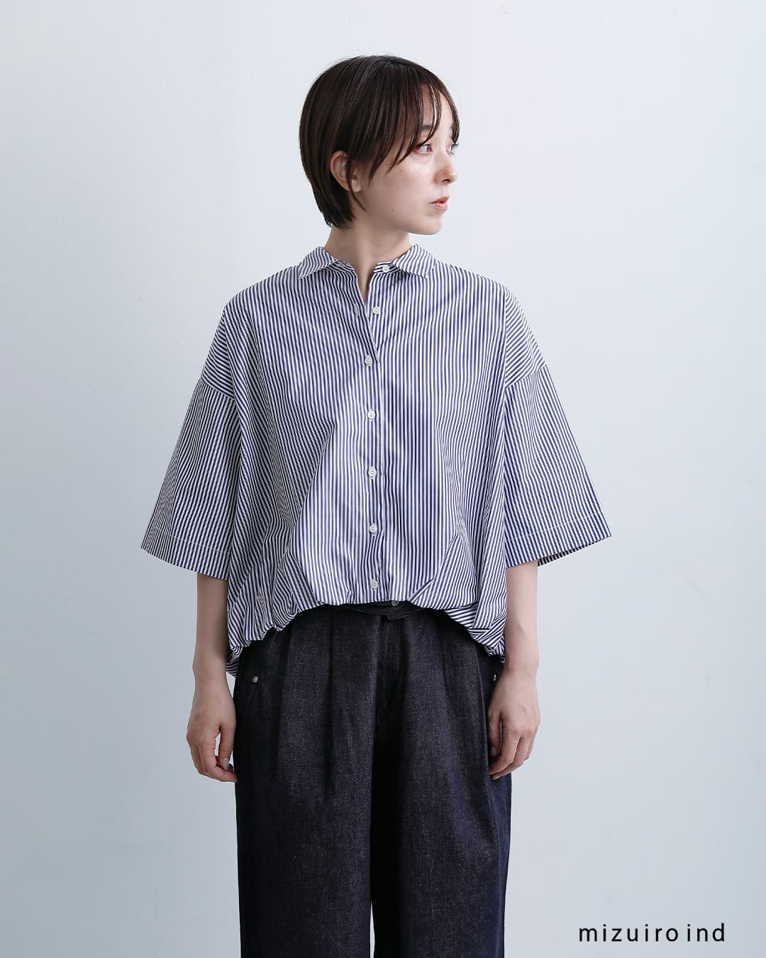mizuiro indコットン ストライプ ハーフスリーブ バルーン シャツ 2-230129