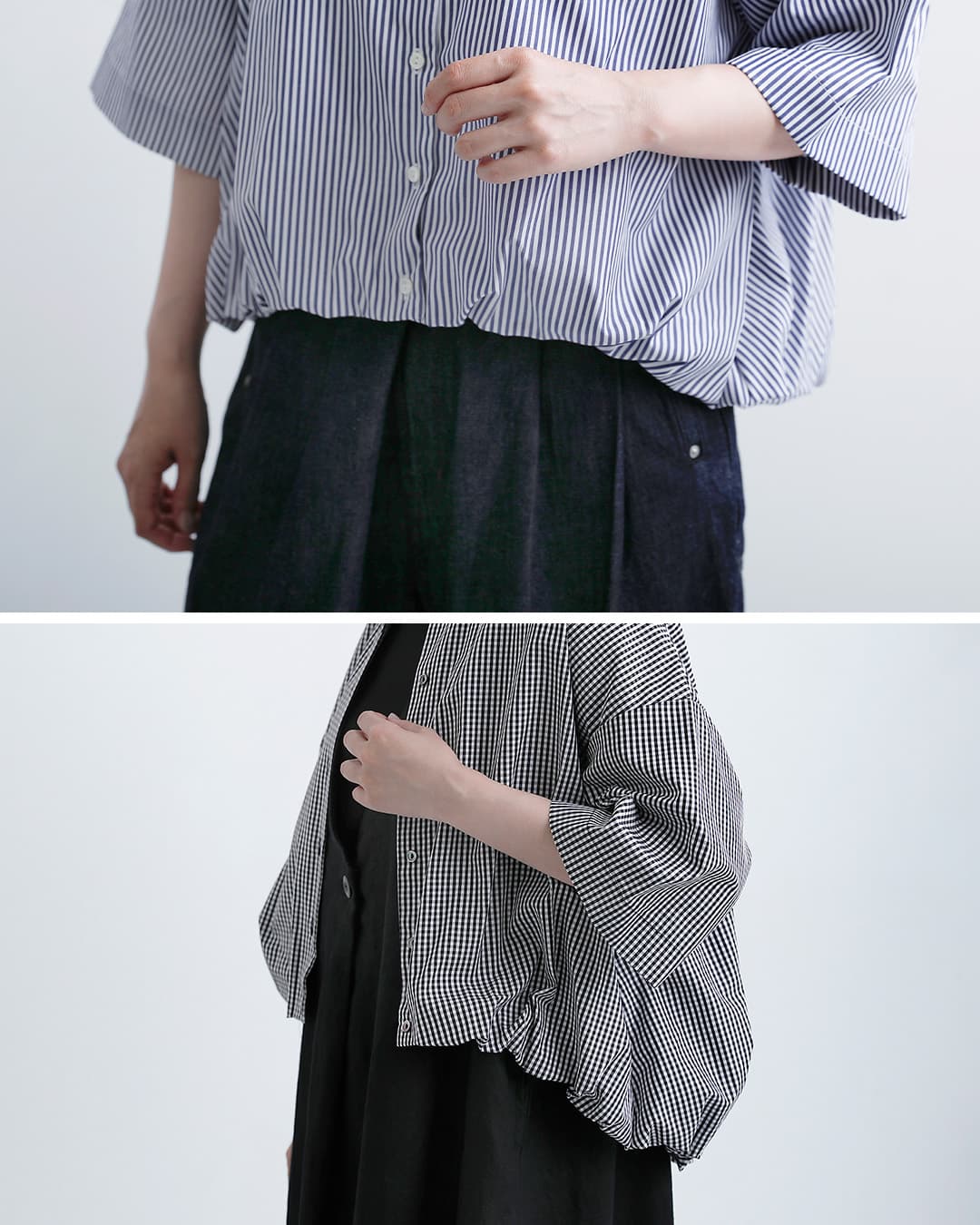 mizuiro indコットン ストライプ ハーフスリーブ バルーン シャツ 2-230129